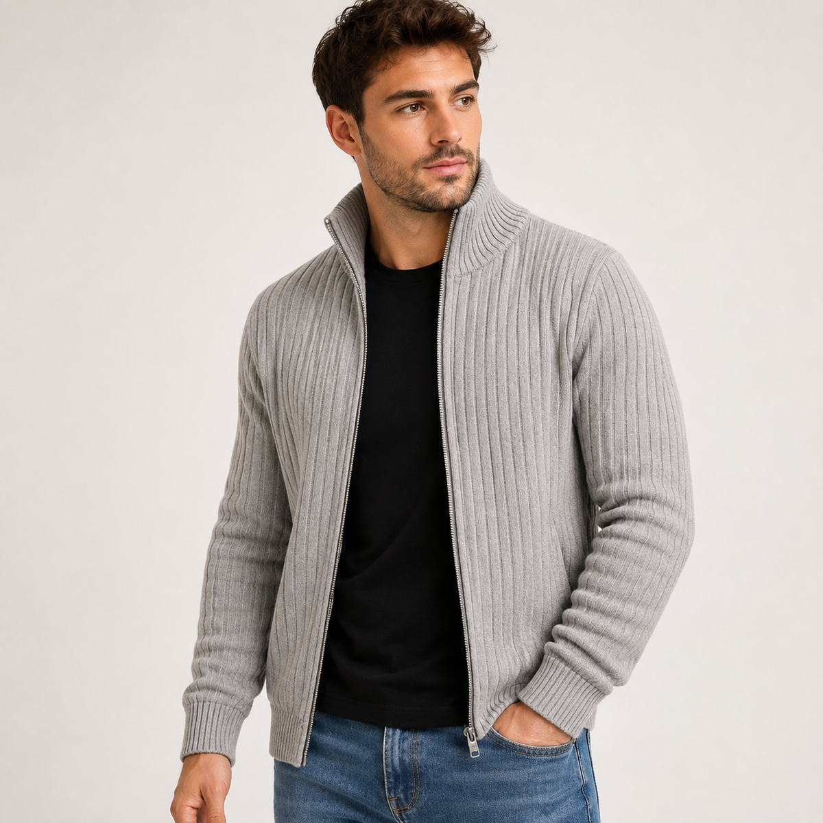 Gideon - Full-Zip Men Cardigan with Ribbed Knit