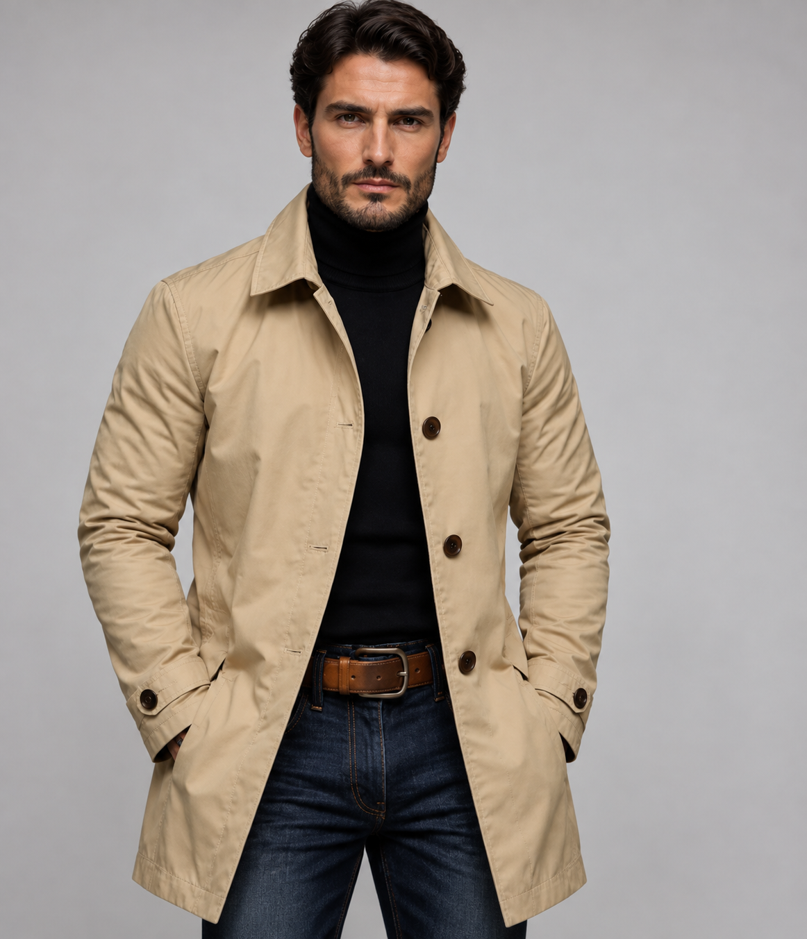 Andrew - Single-Breasted Trench Coat Men with Spread Collar