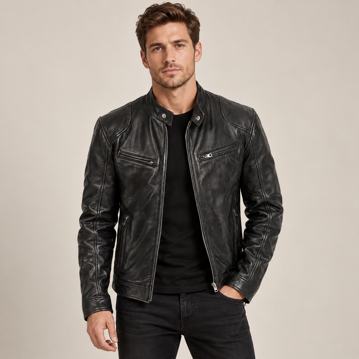 Allan - Leather Jacket Men Biker Style with Stand Collar