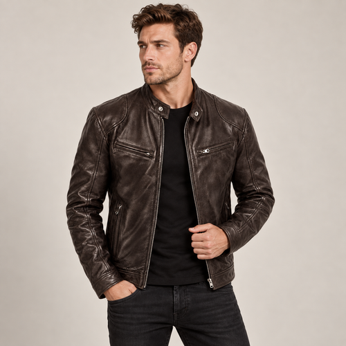 Allan - Leather Jacket Men Biker Style with Stand Collar