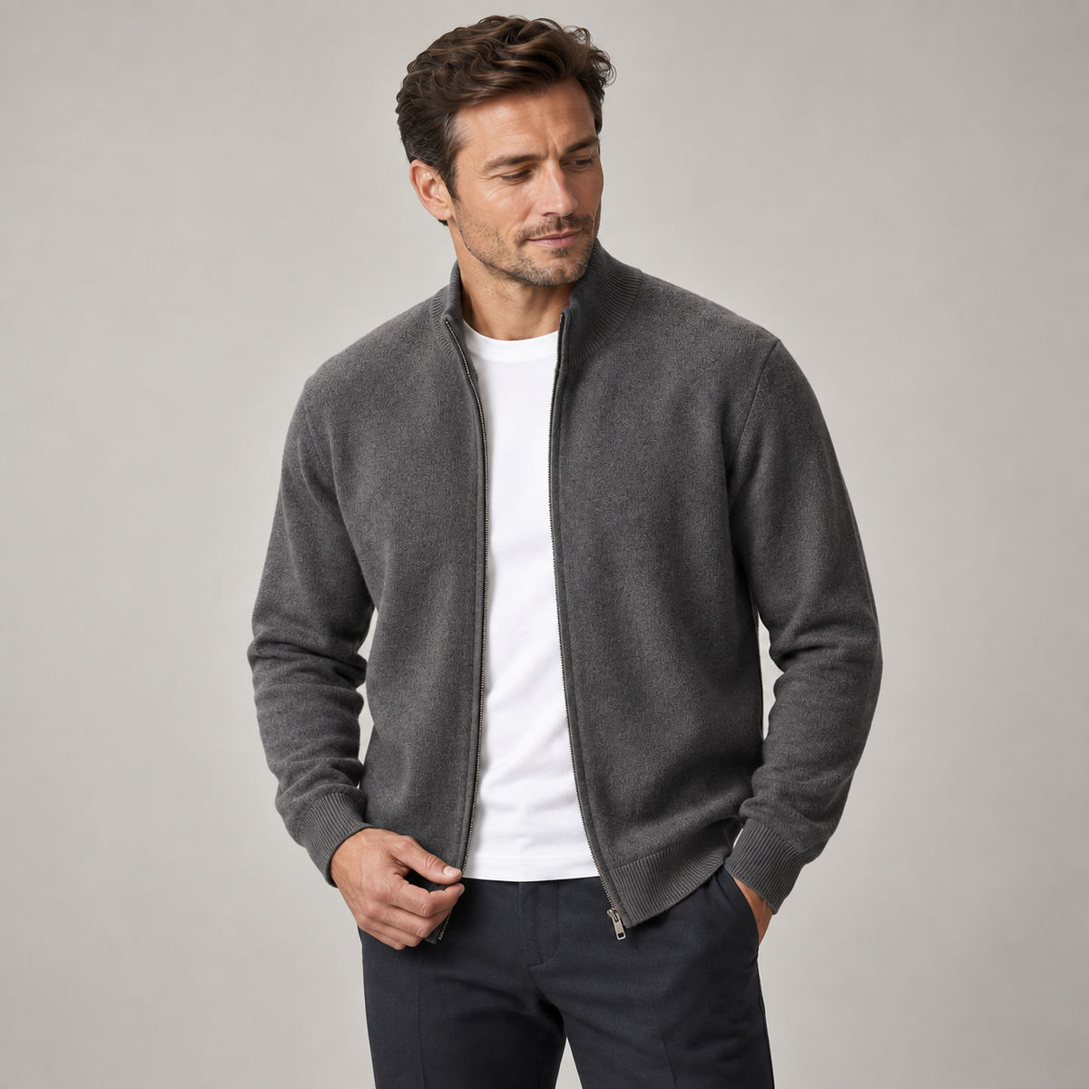 Aurelio - Men's Zip Cardigan with Ribbed Collar