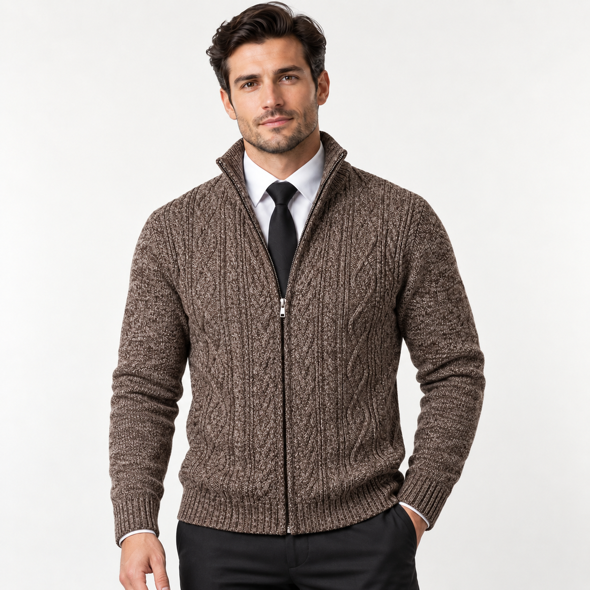 Emrys - Men's Textured Zip Cardigan with Stand Collar