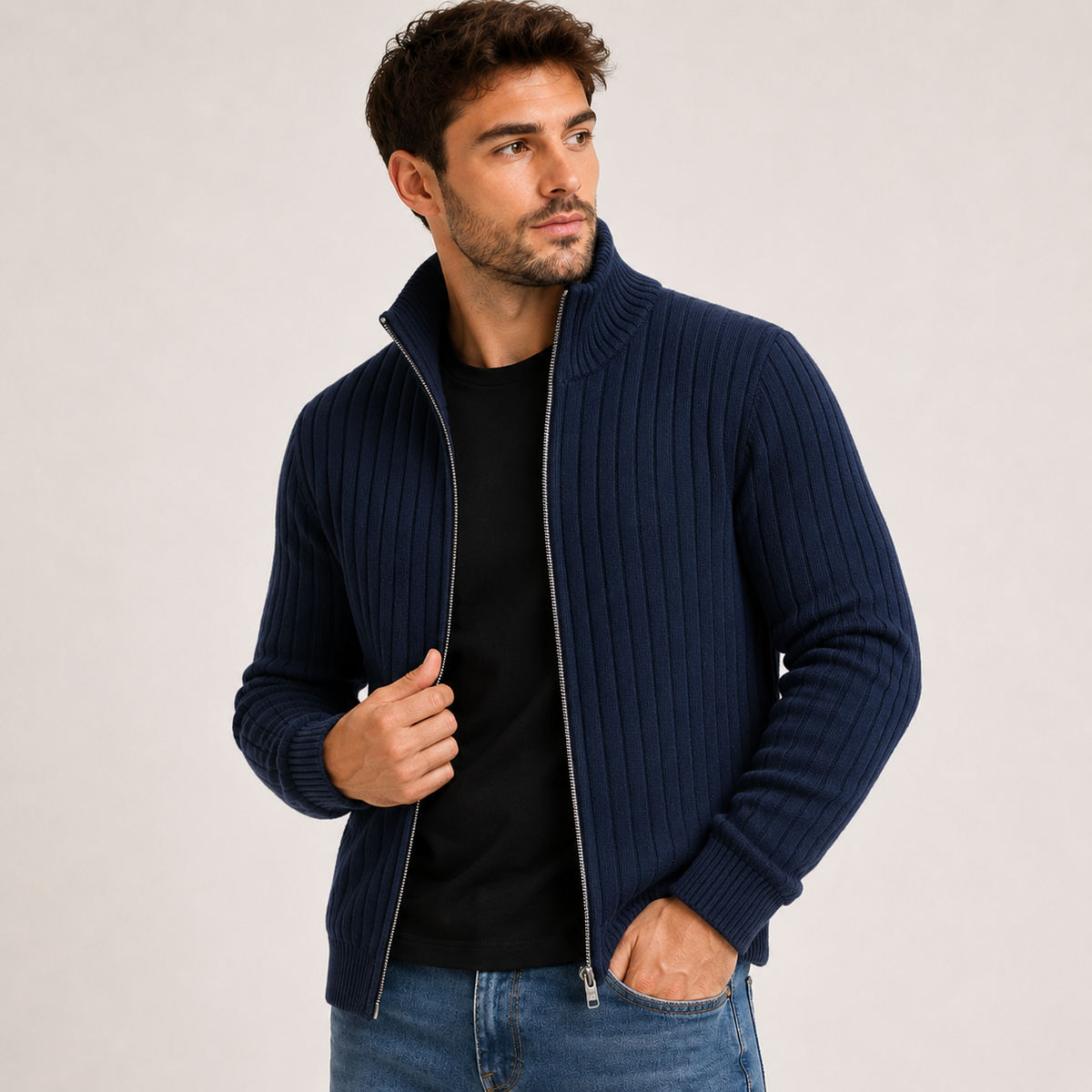 Gideon - Full-Zip Men Cardigan with Ribbed Knit