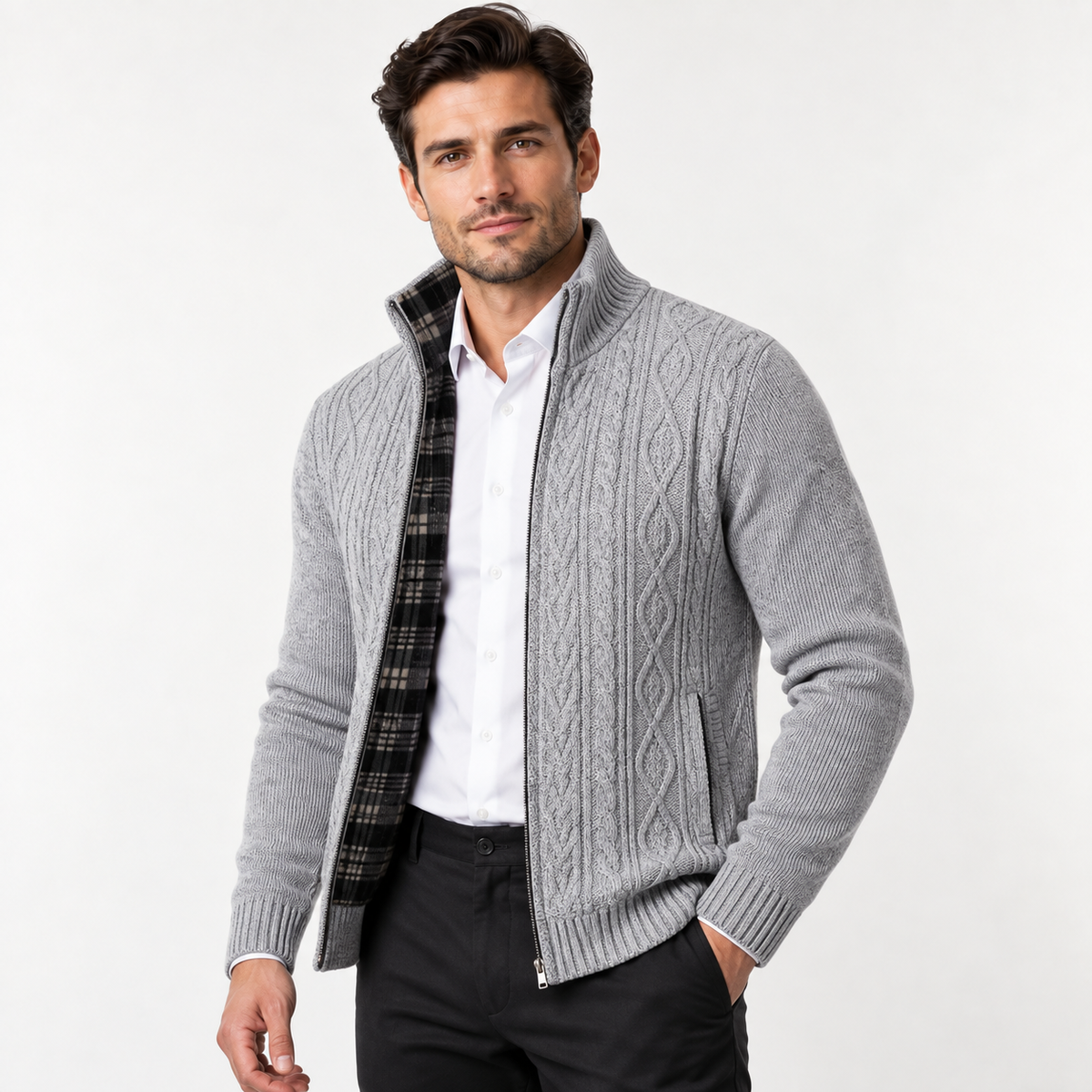 Emrys - Men's Textured Zip Cardigan with Stand Collar