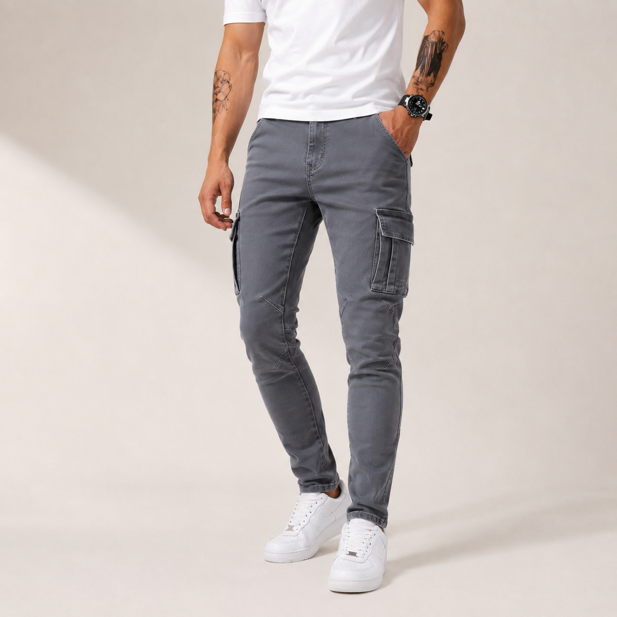 Rhys - Stretch Men's Black Cargo Trousers