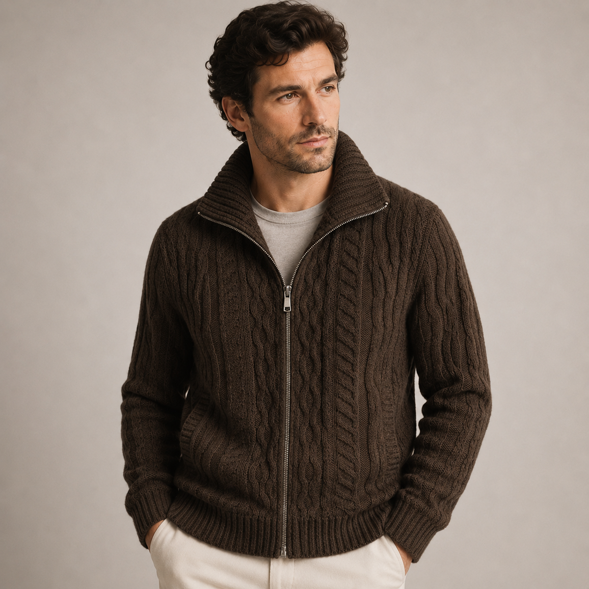 Benedict - Brown Full-Zip Cardigan for Men