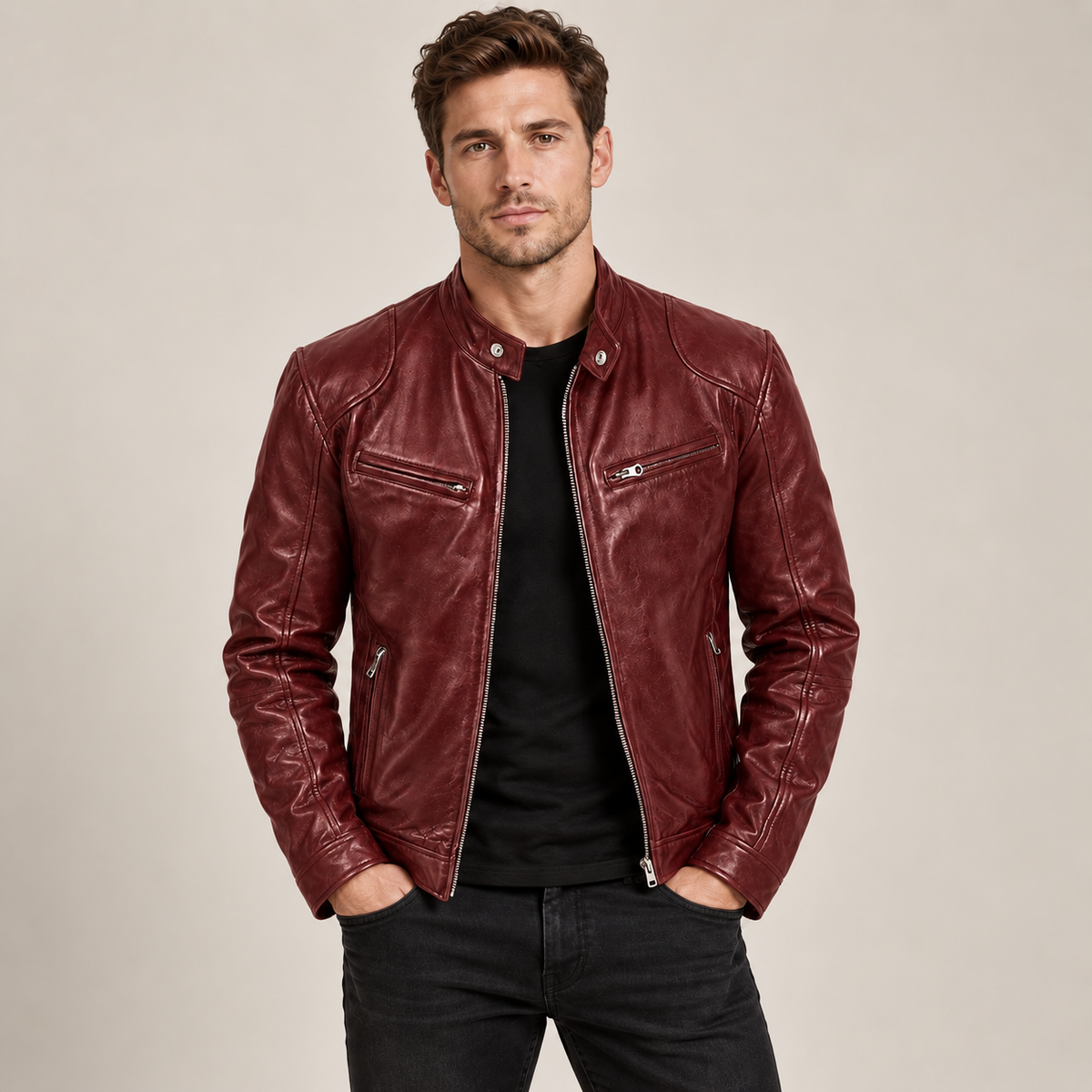 Allan - Leather Jacket Men Biker Style with Stand Collar