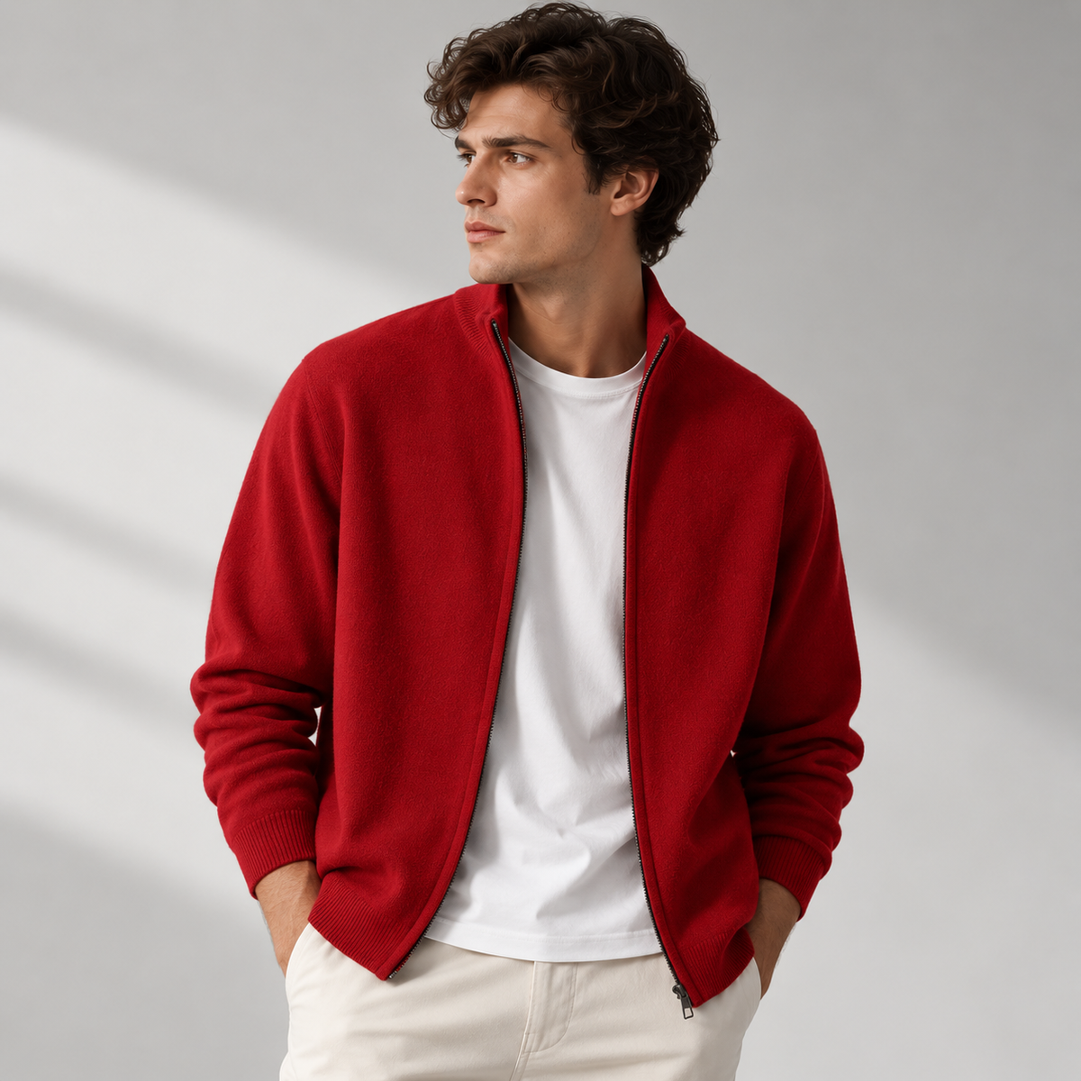 Aurelio - Men's Zip Cardigan with Ribbed Collar