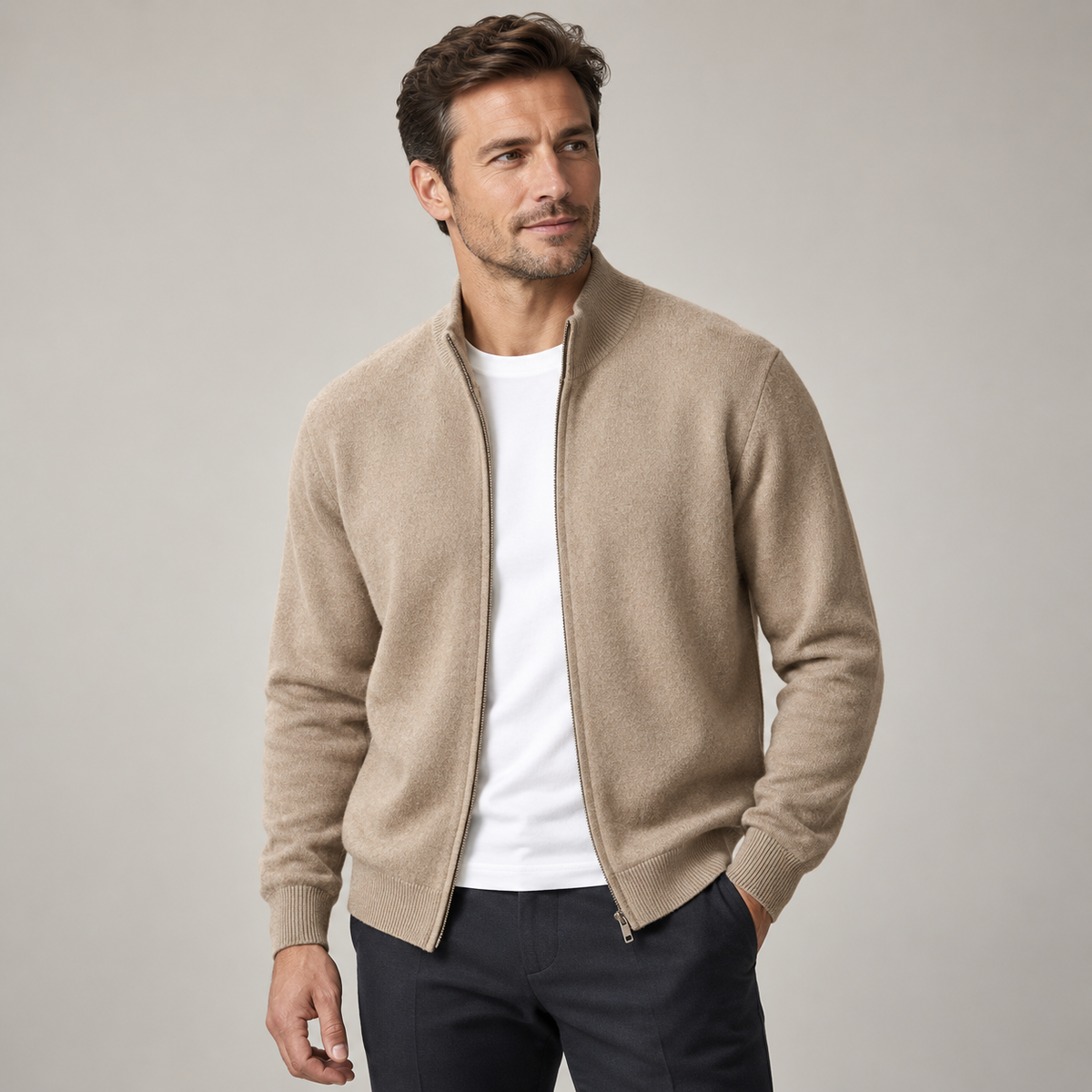 Aurelio - Men's Zip Cardigan with Ribbed Collar