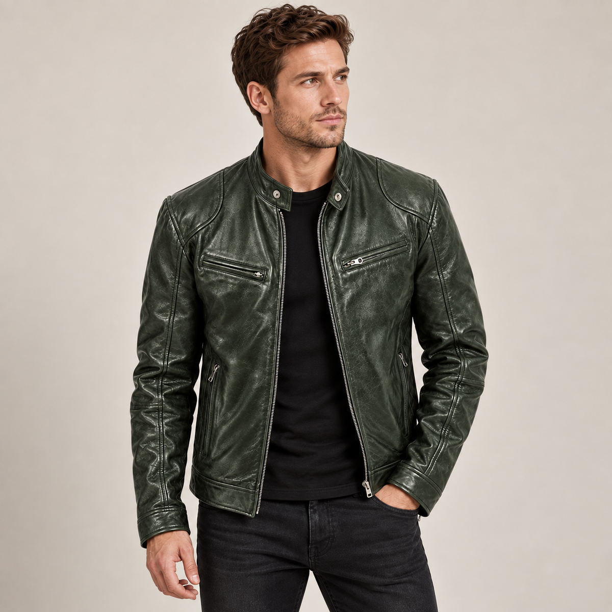 Allan - Leather Jacket Men Biker Style with Stand Collar