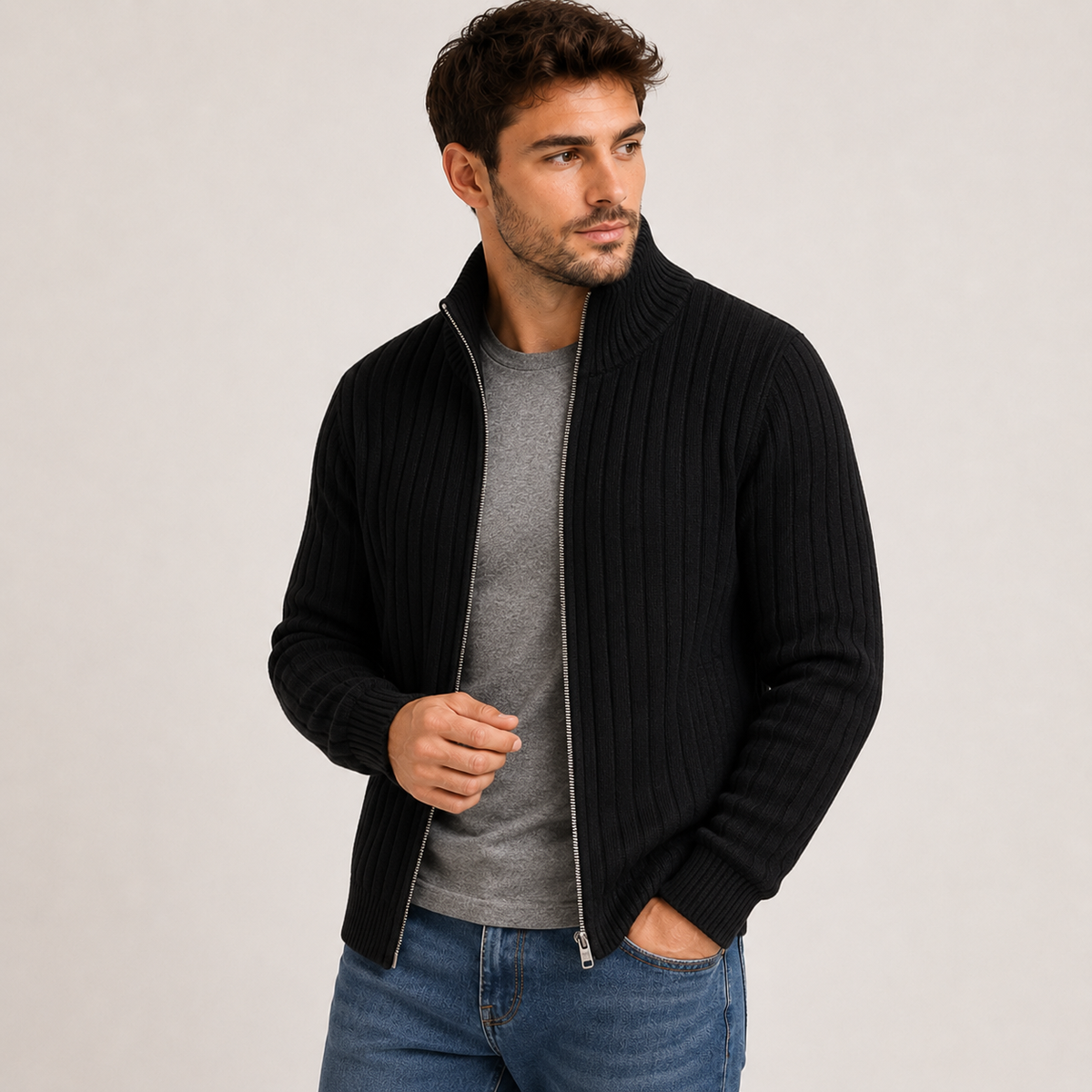 Gideon - Full-Zip Men Cardigan with Ribbed Knit