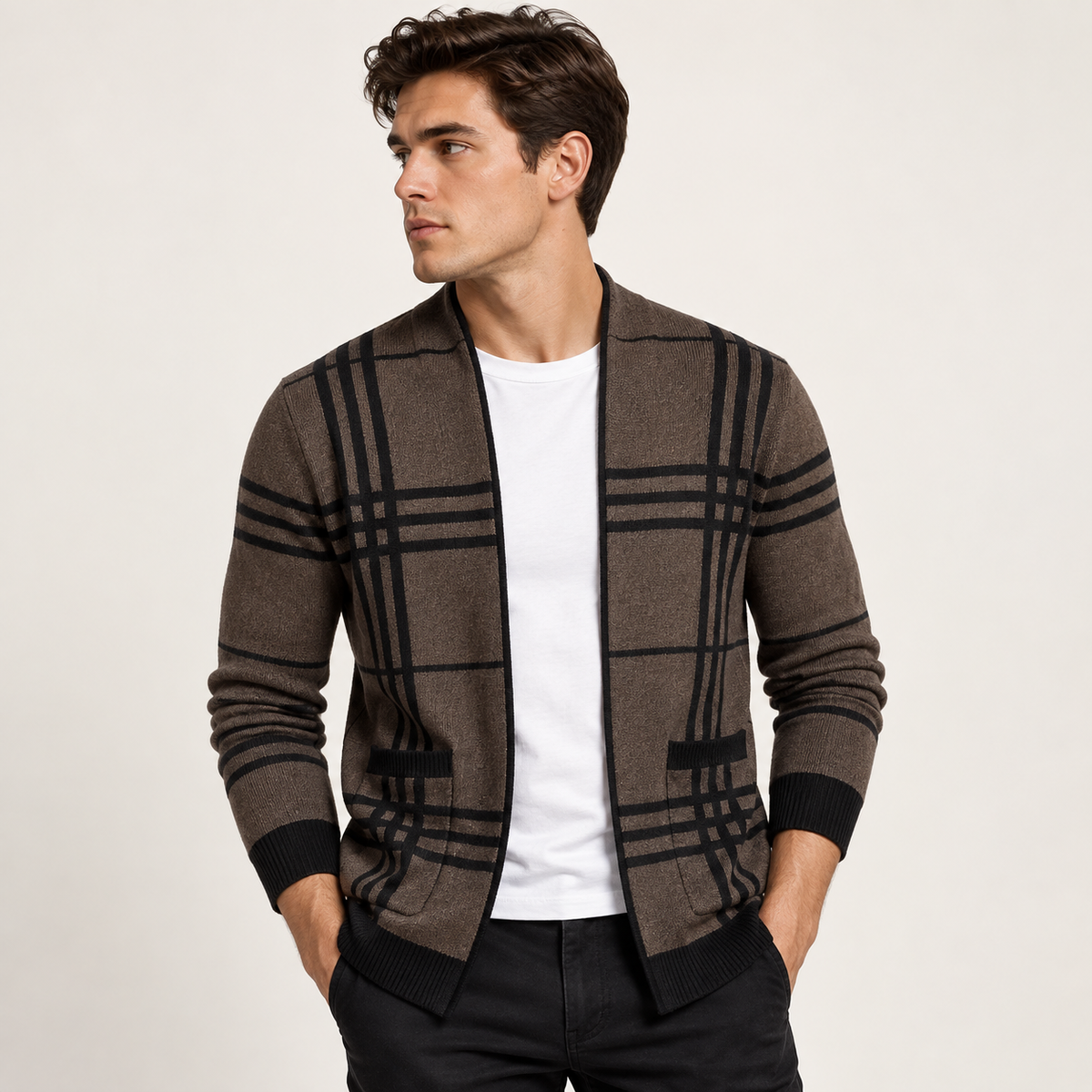 Caius - Men's Grid Open-Front Cardigan
