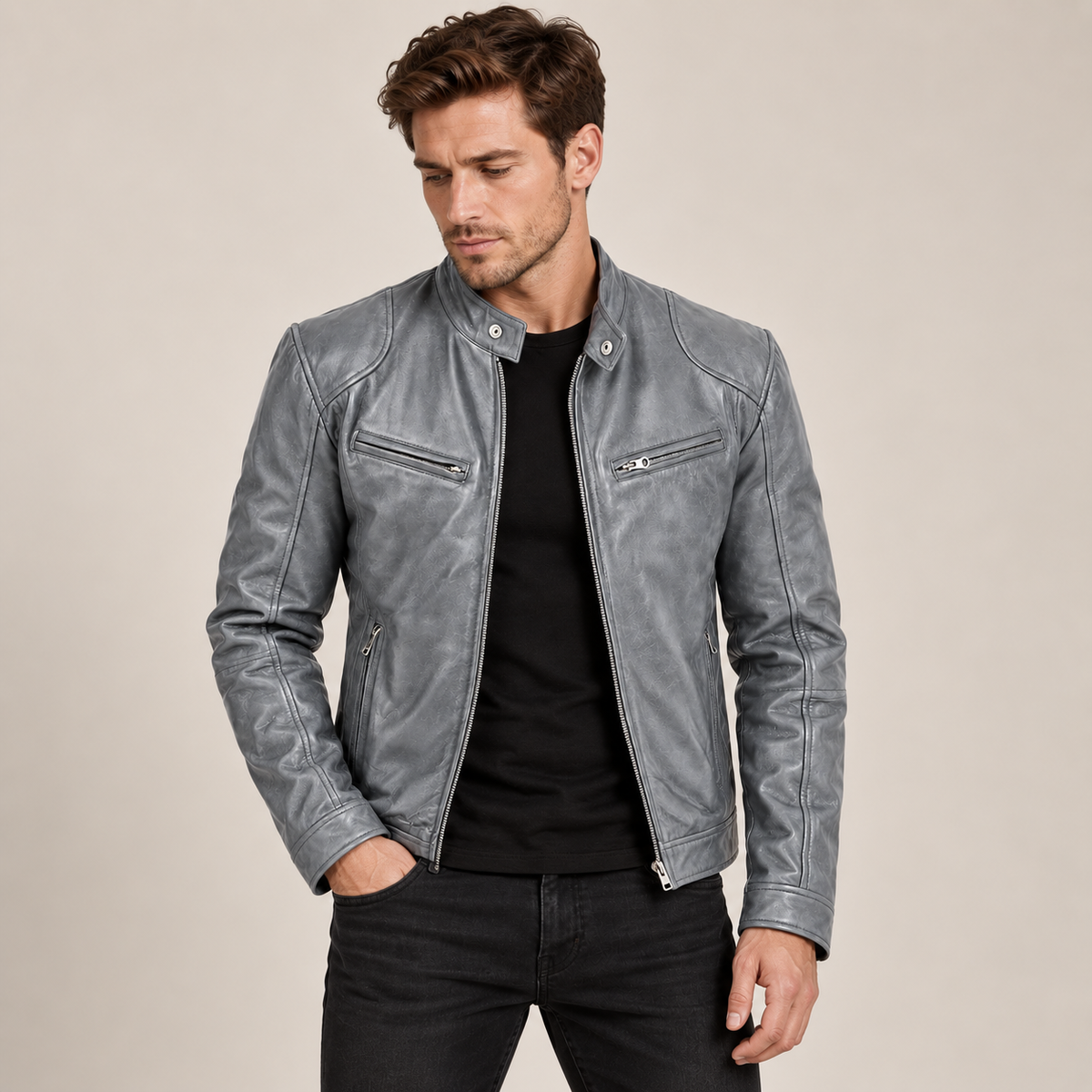 Allan - Leather Jacket Men Biker Style with Stand Collar