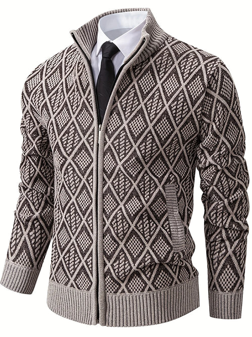 Adrian | Men's Geometric Rhombus Knit Full-Zip Cardigan with Stand Collar & Textured Pattern