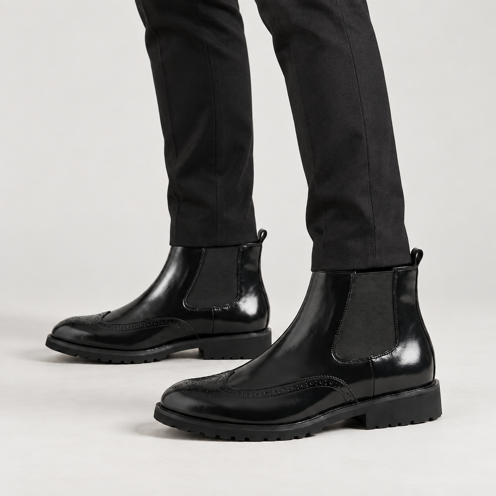 Alaric | Men's Brogue Chelsea Ankle Boots with Wingtip Detailing, Elastic Side Panels & Rubber Sole