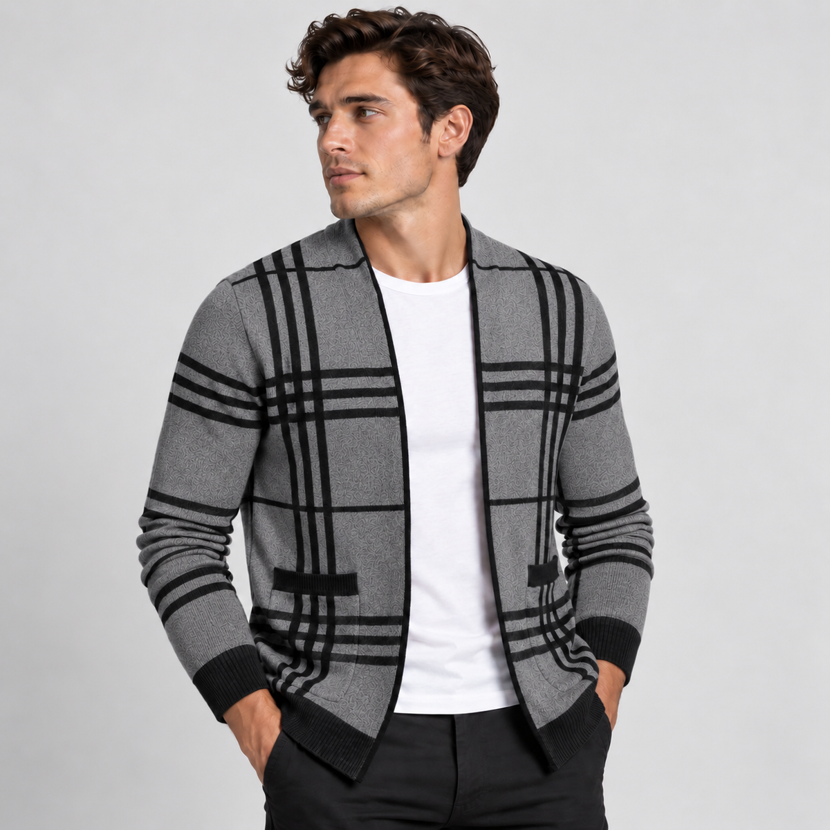 Caius - Men's Grid Open-Front Cardigan