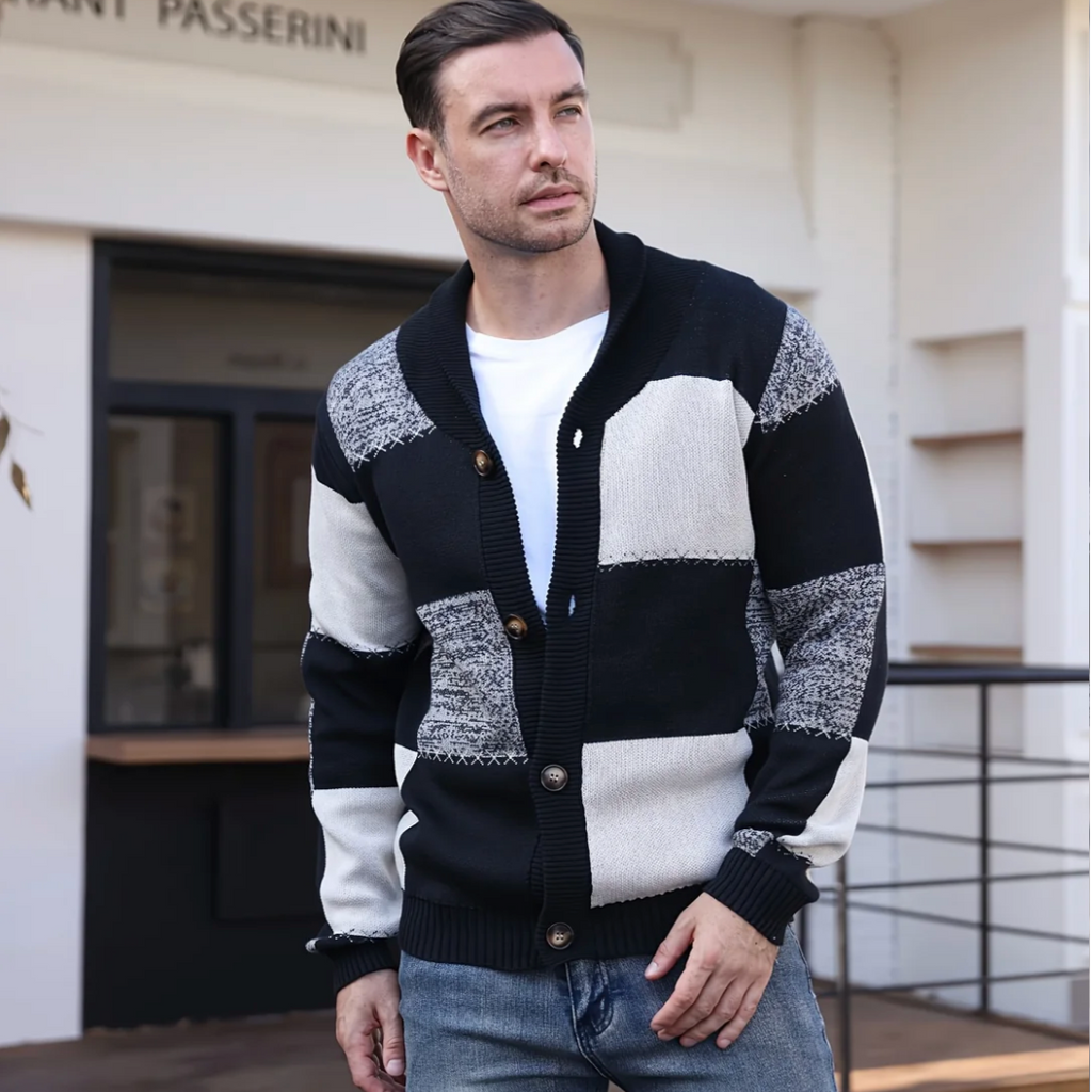 Harvey | Mens Cardigan Colour Block Knitted Button-Up