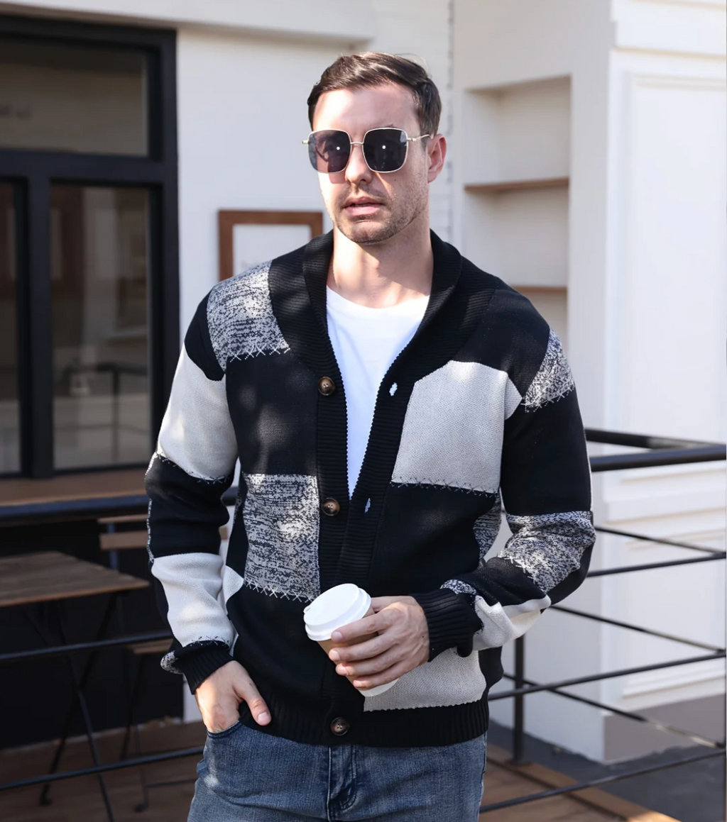 Harvey | Mens Cardigan Colour Block Knitted Button-Up