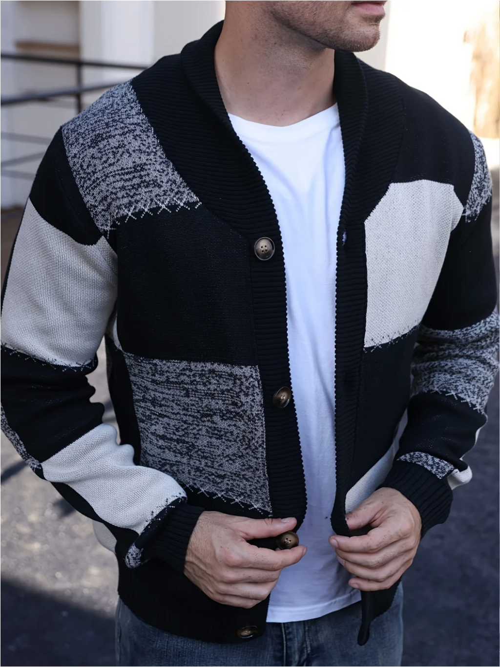 Harvey | Mens Cardigan Colour Block Knitted Button-Up