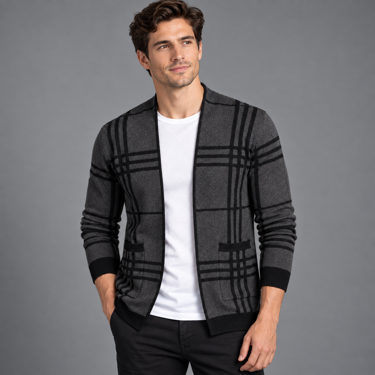 Caius - Men's Grid Open-Front Cardigan