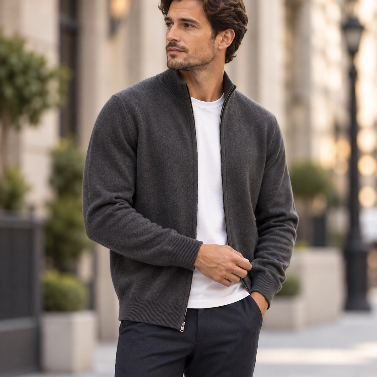Aurelio - Men's Zip Cardigan with Ribbed Collar