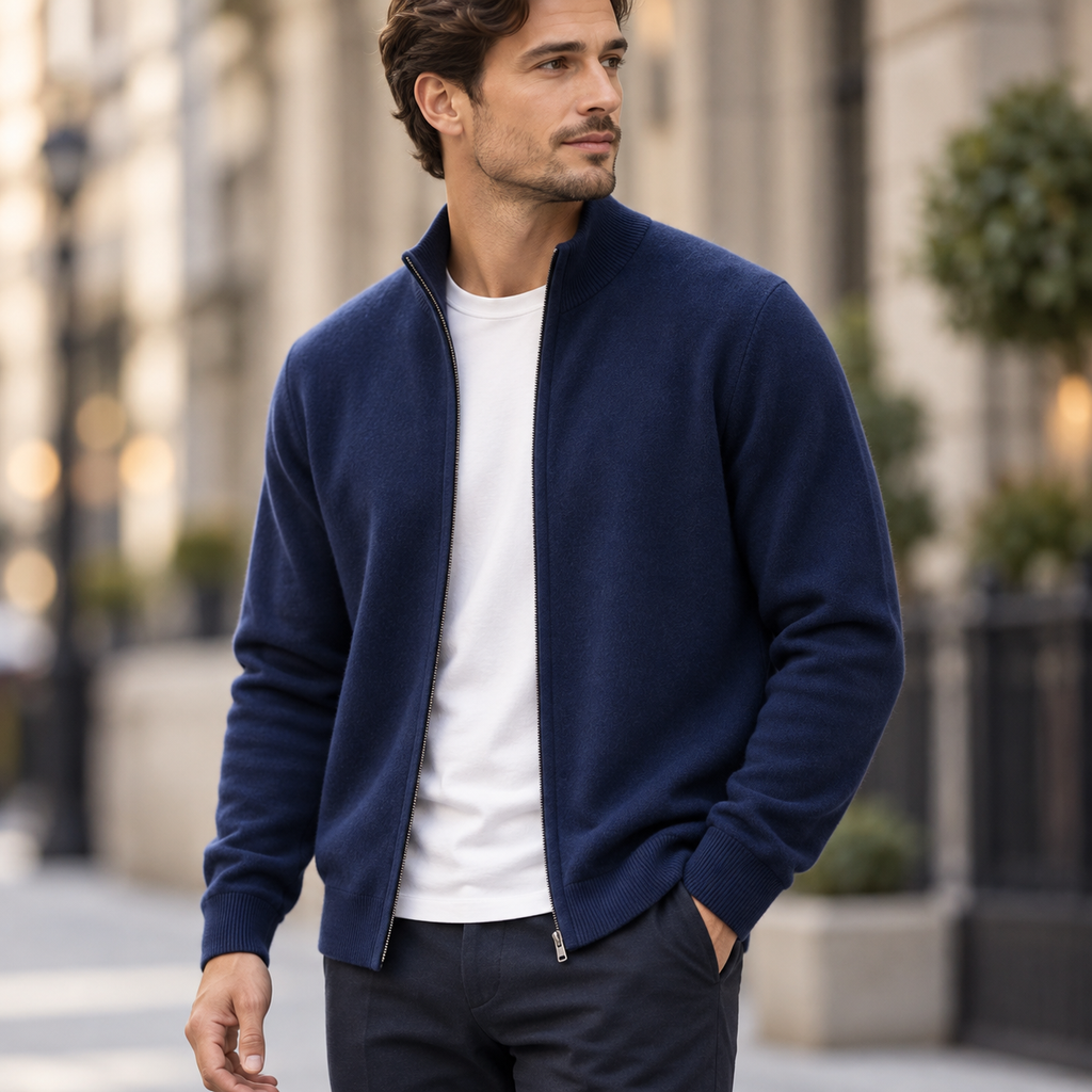 Aurelio - Men's Zip Cardigan with Ribbed Collar