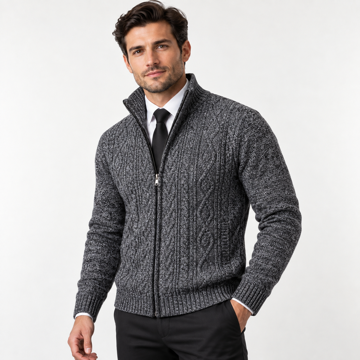 Emrys - Men's Textured Zip Cardigan with Stand Collar