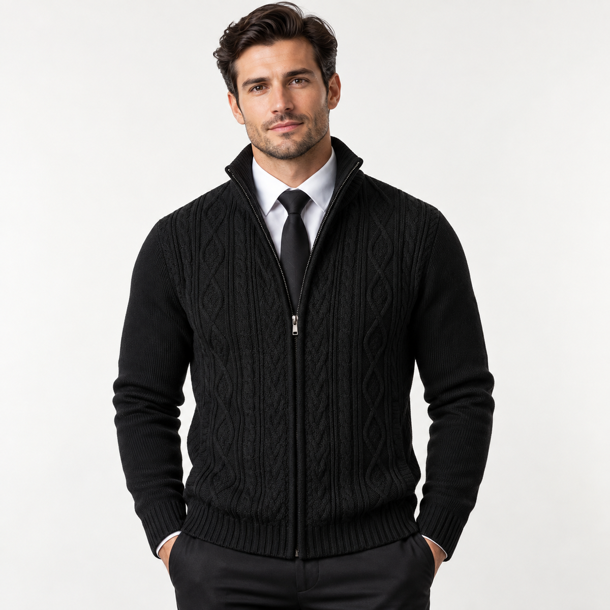 Emrys - Men's Textured Zip Cardigan with Stand Collar
