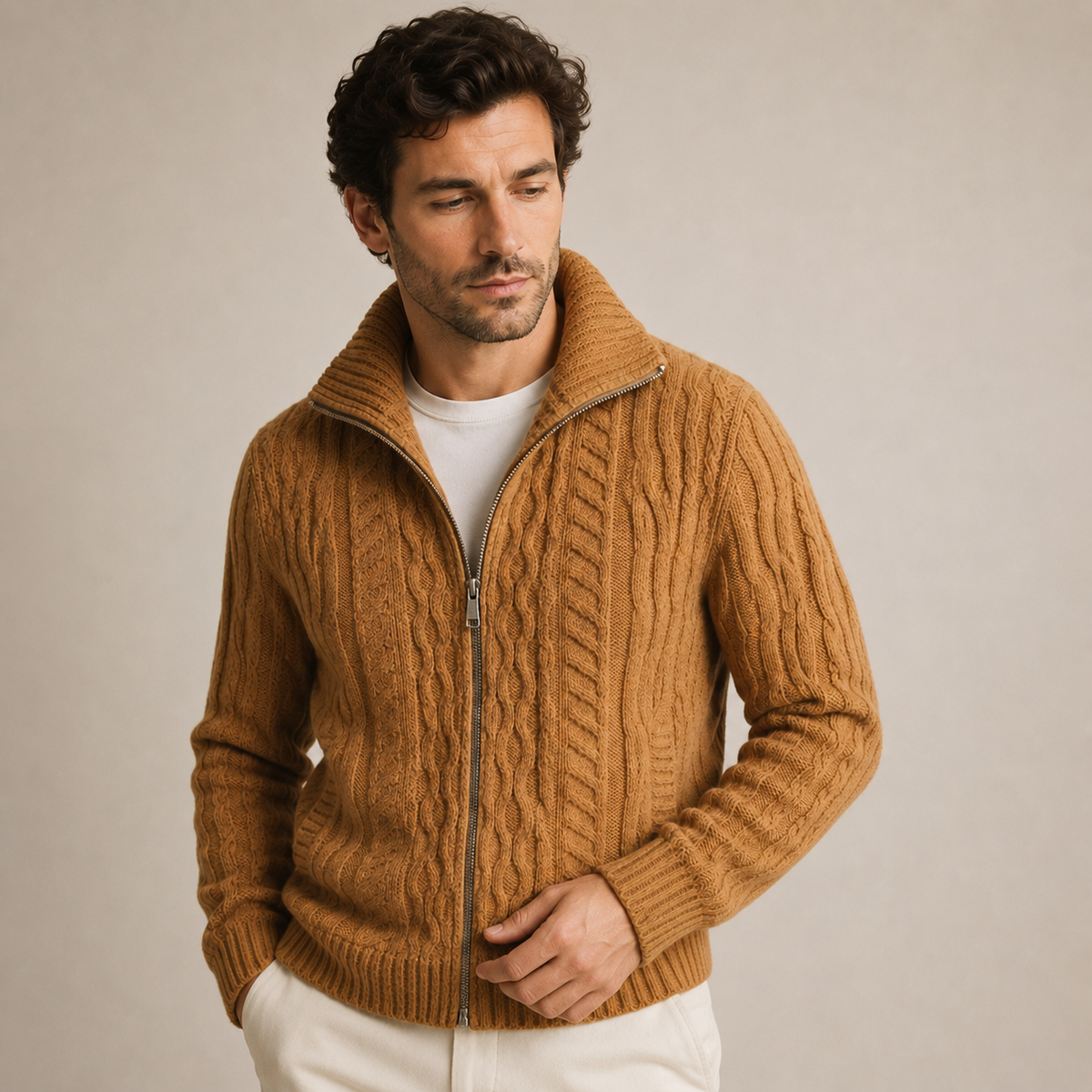 Benedict - Brown Full-Zip Cardigan for Men