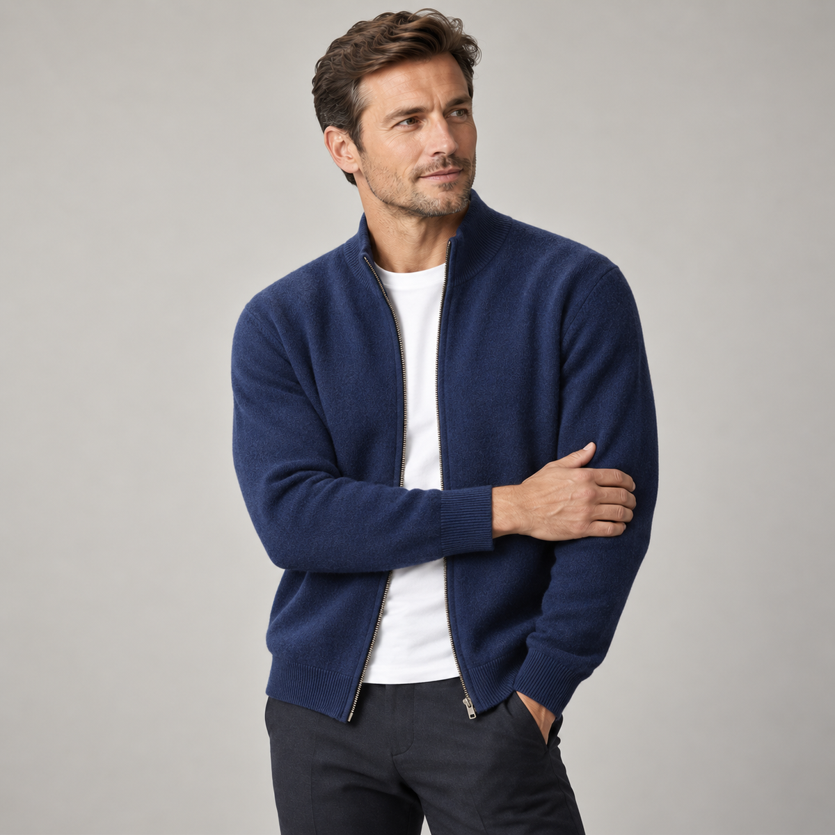 Aurelio - Men's Zip Cardigan with Ribbed Collar