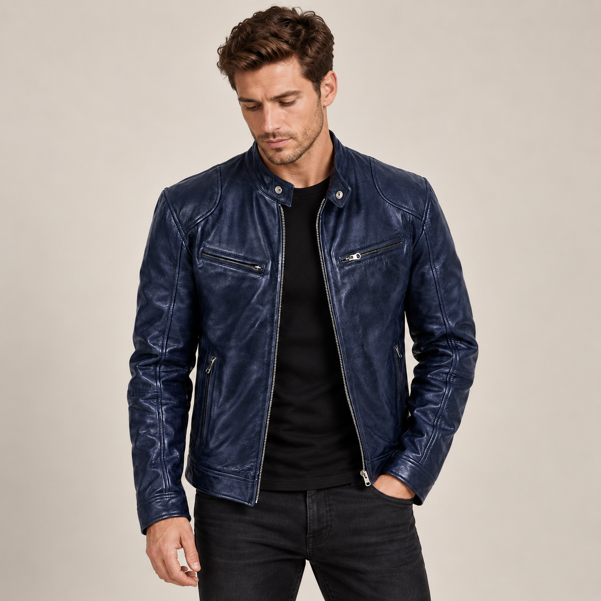 Allan - Leather Jacket Men Biker Style with Stand Collar