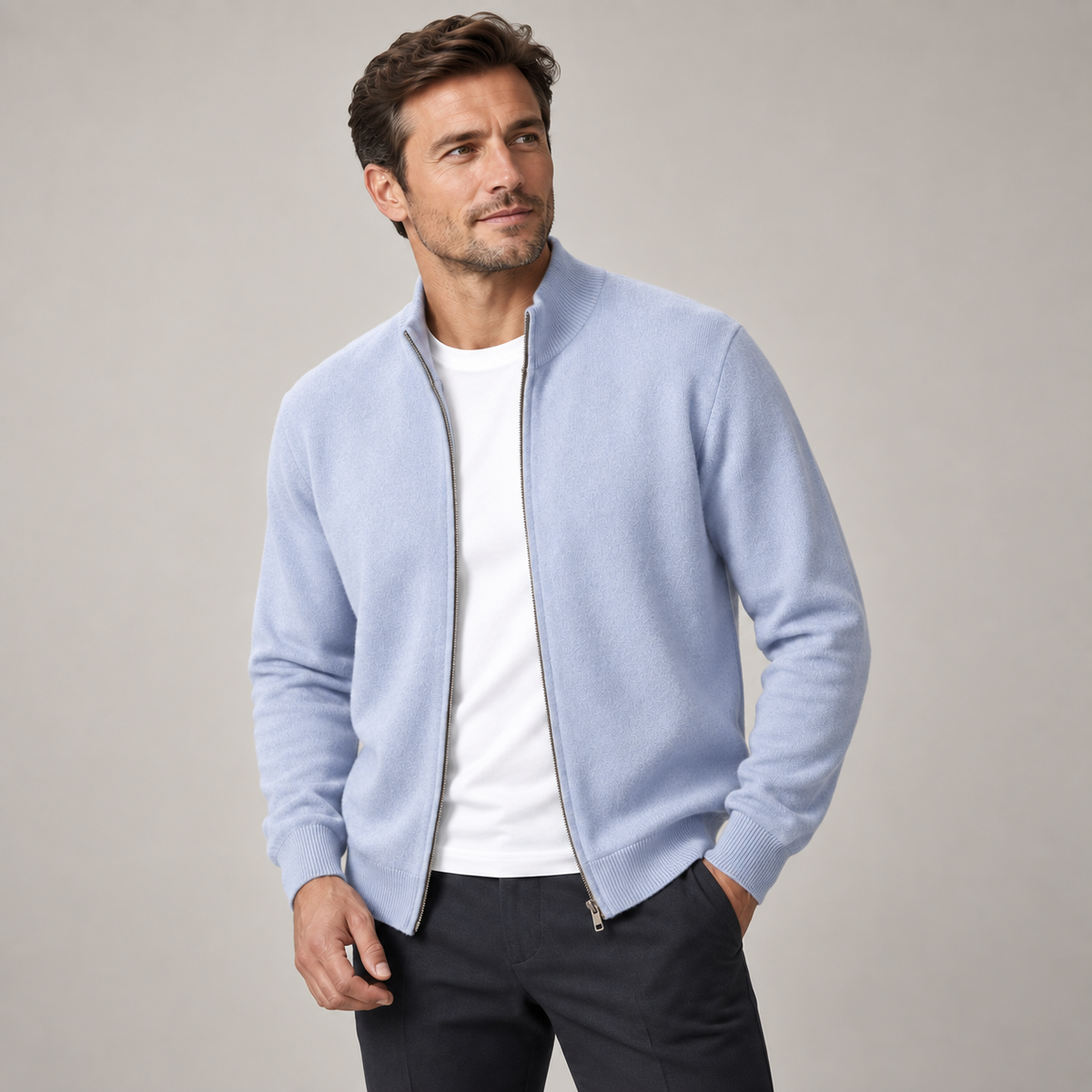 Aurelio - Men's Zip Cardigan with Ribbed Collar