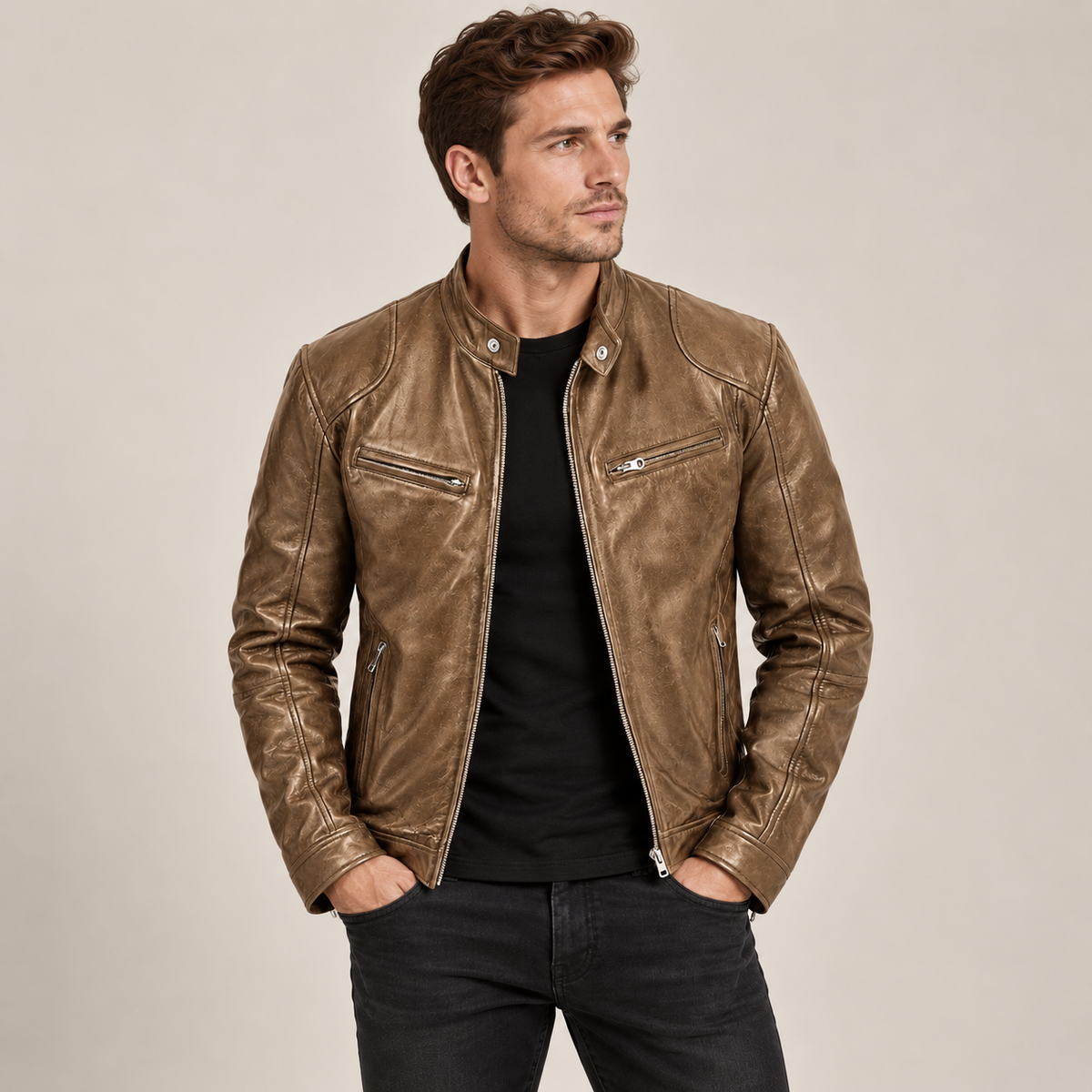 Allan - Leather Jacket Men Biker Style with Stand Collar