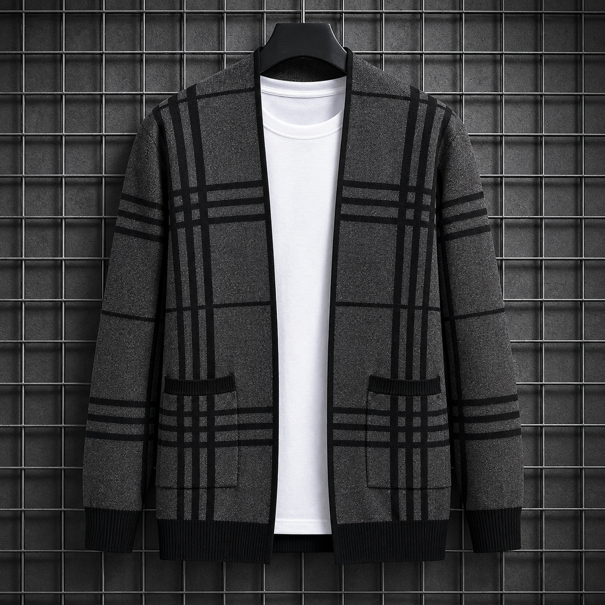 Caius - Men's Grid Open-Front Cardigan