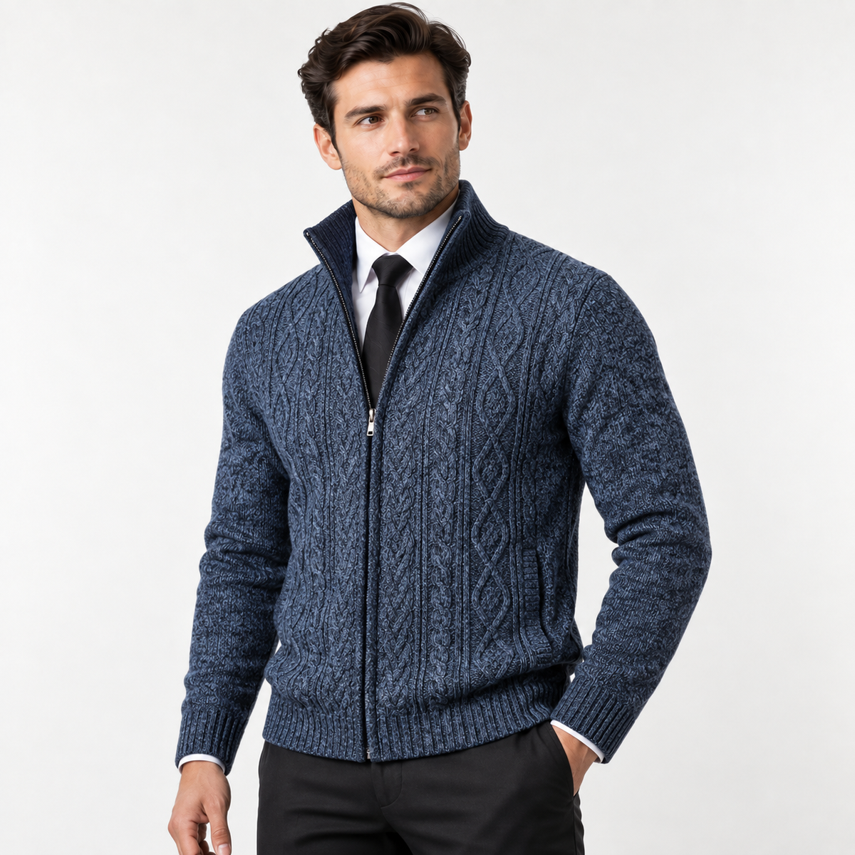 Emrys - Men's Textured Zip Cardigan with Stand Collar